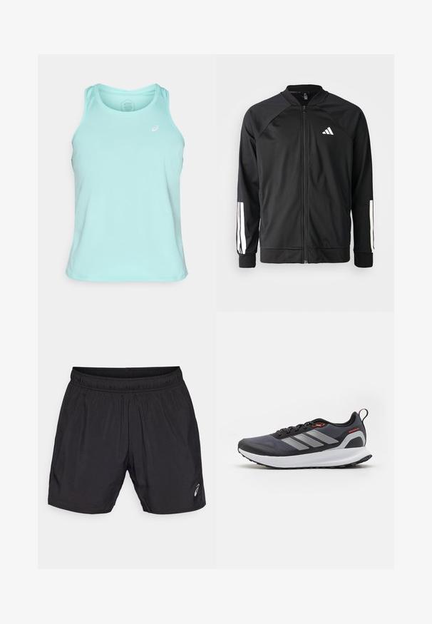 Schwarze Sportjacke mit einem Frontreißverschluss, Raglanärmeln, weißem Adidas-Logo und weißen Streifen an den Ärmeln. Glattes Gewebe mit elastischen Bündchen.; Helles türkisfarbenes Sporttanktop, hergestellt aus glattem, atmungsaktivem Stoff. Mit einem Rundhalsausschnitt und einem Logo-Akzent auf der linken Brust.; Schwarze sportliche Shorts aus leichtem Material, mit einem elastischen Bund und einem kleinen Logo auf der unteren linken Seite.; Laufschuhe in Schwarz mit grauen Akzenten. Verfügt über ein strukturiertes Obermaterial, eine robuste Sohle und reflektierende Streifen. Leichtes Design mit einer gepolsterten Zwischensohle.