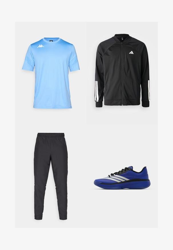 Mustar mustreeritud spordijakk, millel on ees lukuga taskud, raglanvarrukad, valge Adidas logo ja valged triibud varrukatel. Sile kangas elastsete mansettidega.; Heled sinine lühikeste varrukatega spordisärk, millel on valge Kappa logo paremal rinnal, esitatud lihtsal valgel taustal.; Mustad mustusharjased püksid elastse vöökohtadega, kitsenevate jalgadega ja valgete külgaktsentidega. Valmistatud sünteetilisest materjalist, millel on sile tekstuur.; adidas Performance ADIZERO SELECT 3.0 - Korvpallijalatsid - lucid blue/core black/metallic