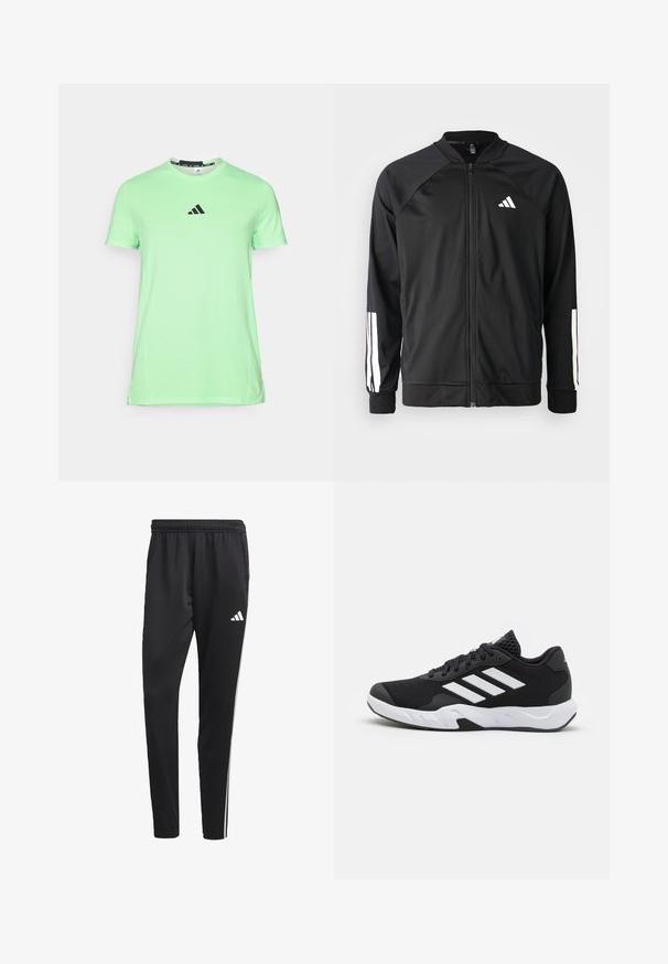 Crna sportska jakna s prednjim zatvaračem, raglan rukavima, bijelim Adidas logom i bijelim prugama na rukavima. Glatka tkanina s elastičnim manžetama.; Svijetlozelena majica kratkih rukava izrađena od mekanog materijala, s crnim logotipom na prsima i zaobljenim izrezom s glatkom teksturom.; Crne atletske hlače s rastezljivim pojasom, bijelim bočnim trakama i malim bijelim logom na bedru. Izrađene su od glatkog, laganog materijala.; Crne atletske cipele s teksturiranim mrežastim gornjim dijelom, bijelim naglasnim trakama, podstavljenim potplatom i ojačanim petom za podršku.