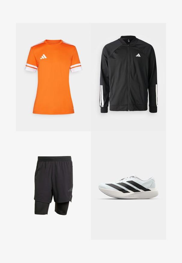 Melna sporta jaka ar priekšējo rāvējslēdzēju, raglanu piedurknēm, baltu Adidas logo un baltām svītrām uz piedurknēm. Gluda auduma sastāvs ar elastīgām aprocēm.; Oranža sporta krekls ar īsām piedurknēm, baltām svītrām uz piedurknēm un Adidas logo kreisajā plecā, izgatavots no gludas, elpojošas materiāla.; Melni sporta šorti ar iebūvētu iekšējo slāni, izgatavoti no elpojoša auduma. Iekļautas diskrētas logotipa detalizācijas un strukturēta tekstūra. Regulējama jostasvieta.; Gaiši zili vieglie skriešanas apavi ar melniem svītrainiem. Iezīmēti ar gludu augšpusi, apaļu purngalu un biezāko balto vidējo zoli, kurā ir uzraksts "LIGHTSTRIKE PRO."