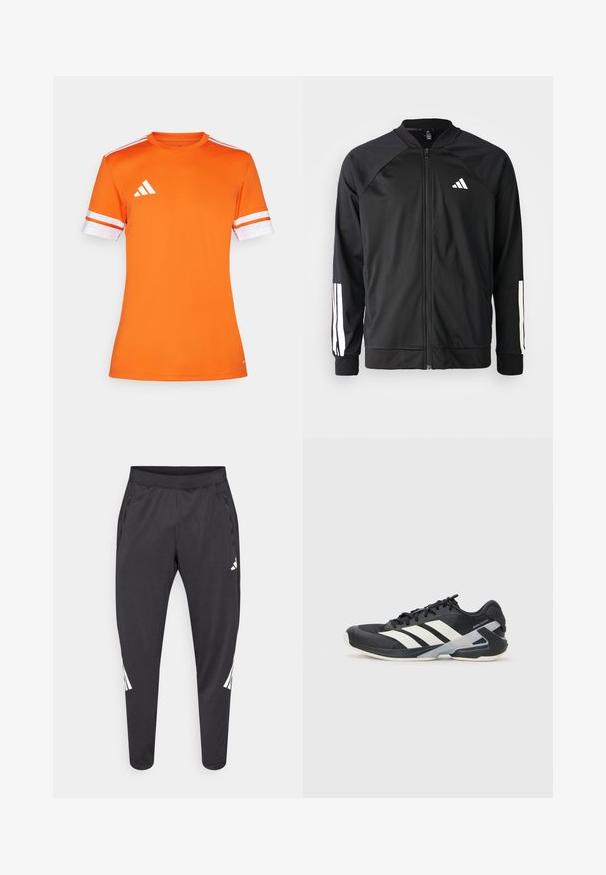 Crna sportska jakna s prednjim zatvaračem, raglan rukavima, bijelim Adidas logom i bijelim prugama na rukavima. Glatka tkanina s elastičnim manžetama.; Narančasta sportska majica kratkih rukava s bijelim prugastim rubovima i Adidas logom na lijevom ramenu, izrađena od glatkog, prozračnog materijala.; Crne sportske hlače suženih nogavica, s elastičnim pojasom, bočnim džepovima te bijelim logom i prugama kao detaljima. Izrađene od glatkog, laganog materijala.; Crne atletske cipele s bijelim prugama, mrežasta gornja strana, zaobljeni prst i podstavljeni đon. Imaju teksturiranu petu i siguran sustav vezivanja.