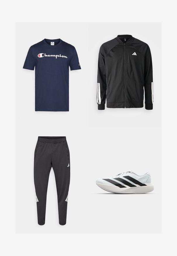 Black athletic jacket with a front zipper, raglan sleeves, white Adidas logo, and white stripes on sleeves. Smooth fabric with elastic cuffs.; Navy blue cotton t-shirt with short sleeves, featuring a white "Champion" logo across the chest and a small logo on the right sleeve.; Black athletic pants with tapered legs, elastic waistband, side pockets, and white logo and stripes detailing. Made from a smooth, lightweight material.; Lightweight running shoes in pale blue with black stripes. Features a smooth upper, round toe, and thick white midsole labeled "LIGHTSTRIKE PRO."