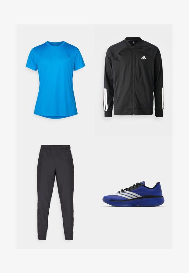 Črna atletska jakna z zadrgo spredaj, raglan rokavi, belo Adidas logo in bele črte na rokavih. Gladek material z elastičnimi manšetami.; Modra kratka majica s kratkimi rokavi, izdelana iz lahkotnega, teksturiranega materiala. Ima okroglo izrez in subtilen logotip na prsih.; Črne atletske hlače z elastičnim pasom, ožjimi nogami in belimi stranskimi poudarki. Narejene so iz sintetičnega materiala z gladko teksturo.; adidas Performance ADIZERO SELECT 3.0 - Košarkarski copati - lucid blue/core black/metallic