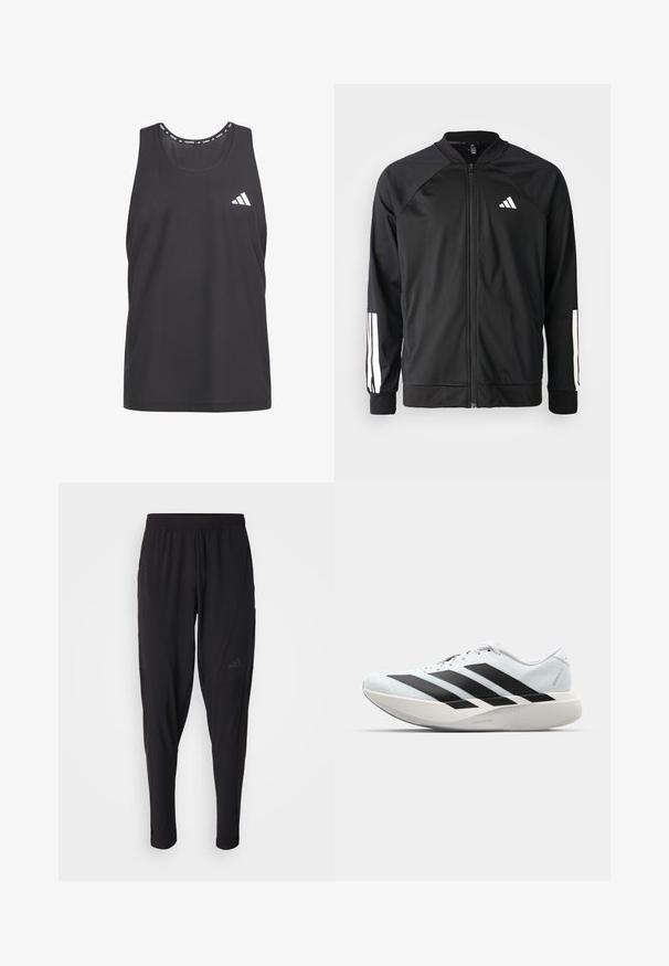 Black athletic jacket with a front zipper, raglan sleeves, white Adidas logo, and white stripes on sleeves. Smooth fabric with elastic cuffs.; Black athletic tank top featuring breathable mesh material, rounded neck, and white Adidas logo on the left chest.; Black athletic pants with an elastic waistband, tapered design, side pockets, and subtle logo detail. Made from flexible, breathable fabric.; Lightweight running shoes in pale blue with black stripes. Features a smooth upper, round toe, and thick white midsole labeled "LIGHTSTRIKE PRO."