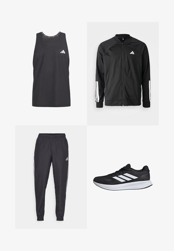 Schwarze Sportjacke mit einem Frontreißverschluss, Raglanärmeln, weißem Adidas-Logo und weißen Streifen an den Ärmeln. Glattes Gewebe mit elastischen Bündchen.; Schwarzes Sporttanktop aus atmungsaktiven Meshmaterial, mit rundem Ausschnitt und weißem Adidas-Logo auf der linken Brust.; Schwarze Sporthosen mit elastischem Bund, mit weißen Streifen an den Seiten und einem kleinen Logo an der Hüfte. Glatte Textur.; Schwarzer Sportschuh mit weißen Streifen, Obermaterial aus Mesh, gepolsterter Sohle und strukturierten Akzenten. Verfügt über ein Schnürdesign und ein Markenlogo auf der Zunge.