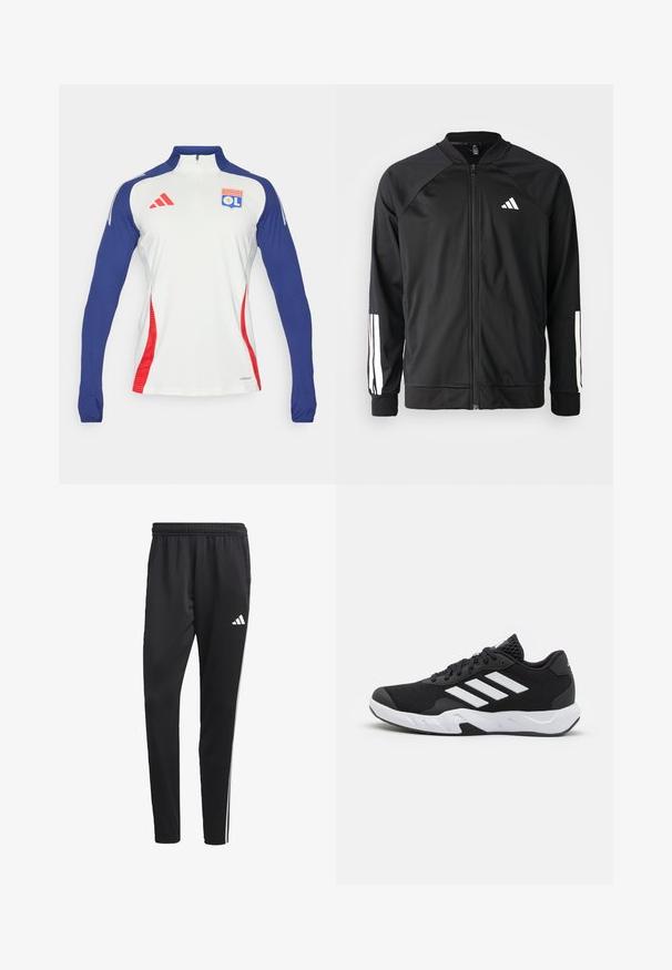 Schwarze Sportjacke mit einem Frontreißverschluss, Raglanärmeln, weißem Adidas-Logo und weißen Streifen an den Ärmeln. Glattes Gewebe mit elastischen Bündchen.; Langärmliges, weißes Sportshirt mit marineblauen Ärmeln und roten Akzenten. Verfügt über einen Reißverschlusskragen und ein Olympique Lyonnais-Logo auf der Brust.; Schwarze Sporthose mit einem dehnbaren Bund, weißen Seitenstreifen und einem kleinen weißen Logo auf dem Oberschenkel. Hergestellt aus einem glatten, leichten Material.; Schwarze Sportschuhe mit einem strukturierten Mesh-Obermaterial, weißen Akzentstreifen, einer gepolsterten Sohle und einer verstärkten Ferse für Unterstützung.