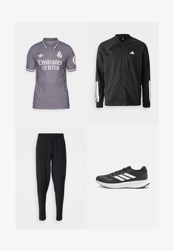 Veste de sport noire avec fermeture éclair à l'avant, manches raglan, logo Adidas blanc et bandes blanches sur les manches. Tissu lisse avec des poignets élastiques.; Maillot gris avec un motif en relief, logo "Emirates Fly Better" blanc, logo Adidas sur la poitrine, et accents contrastants au col et aux manches.; Pantalons de sport noirs avec une taille élastique, design fuselé, poches latérales et détail de logo subtil. Fabriqués en tissu flexible et respirant.; Baskets de sport noires avec tige en mesh respirant, accents blancs et semelle rembourrée. Présente le logo à trois bandes sur le côté.