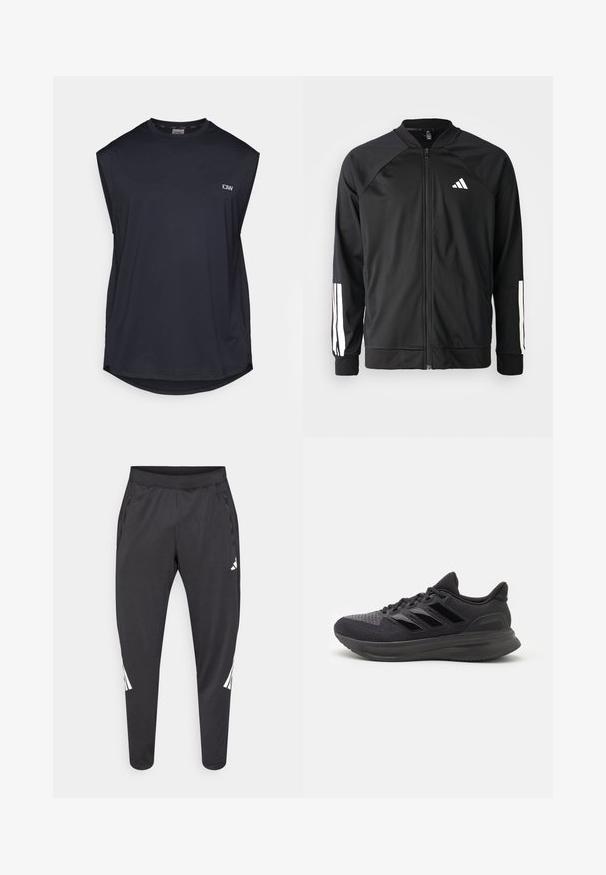 Zwarte sportjack met een rits aan de voorkant, raglanmouwen, wit Adidas-logo en witte strepen op de mouwen. Gladde stof met elastische manchetten.; Donker marineblauw sportshirt zonder mouwen, gemaakt van gestructureerde stof. Heeft een ronde zoom en een klein logo aan de voorkant links. Ademend ontwerp.; Zwarte sportbroek met taps toelopende pijpen, elastische tailleband, zijzakken en witte logo- en streepdetails. Gemaakt van een glad, licht materiaal.; Zwarte sportschoen met een bovenwerk van gestructureerde stof, rubberen zool en drie glanzende zwarte strepen aan de zijkant. Rondneus en gevoerde hak.