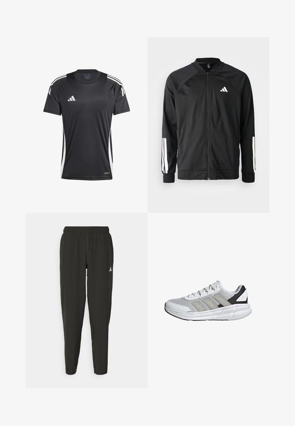 Crna sportska jakna s prednjim zatvaračem, raglan rukavima, bijelim Adidas logom i bijelim prugama na rukavima. Glatka tkanina s elastičnim manžetama.; Crna atletska majica s kratkim rukavima, s bijelim bočnim trakama i Adidas logom. Izrađena od glatkog materijala koji odvlači vlagu.; Crne atletske hlače s elastičnom waistband-om, slim fit kroja i bijelim logom na lijevoj nozi. Glatka, lagana tkanina.; Bijela trkačka cipela s mrežastim gornjim dijelom, sivoj naglašavanjima, tri sive pruge, podstavljenim ovratnikom i laganim potplatom koji sadrži Cloudfoam tehnologiju.