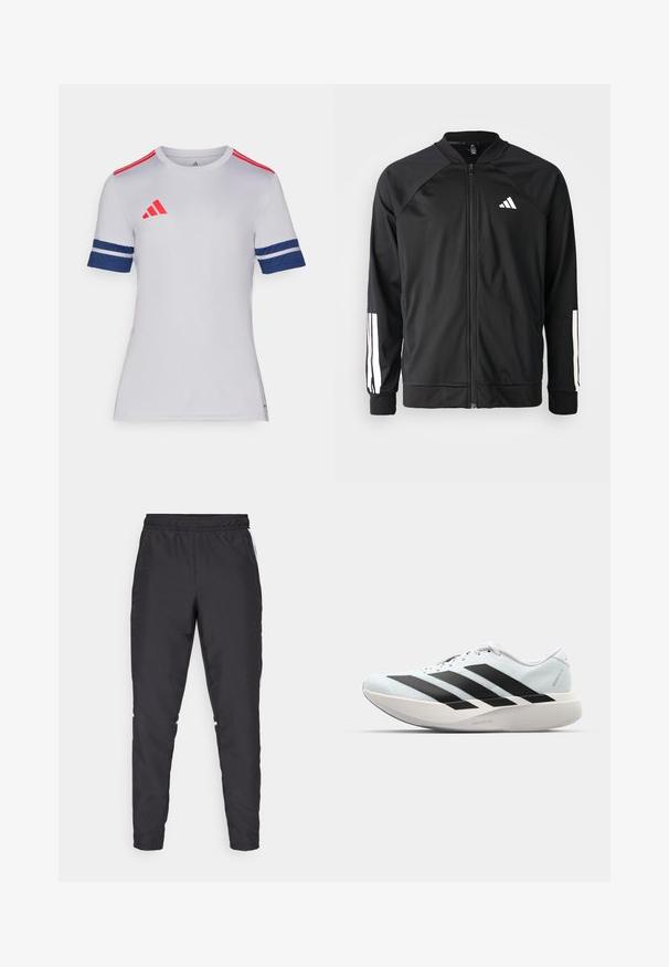 Black athletic jacket with a front zipper, raglan sleeves, white Adidas logo, and white stripes on sleeves. Smooth fabric with elastic cuffs.; Short-sleeve white athletic shirt with red and navy accents. Features Adidas logo, striped navy sleeves, and a round neck design.; Black athletic pants with an elastic waistband, tapered legs, and white side accents. Made of synthetic material with a smooth texture.; Lightweight running shoes in pale blue with black stripes. Features a smooth upper, round toe, and thick white midsole labeled "LIGHTSTRIKE PRO."