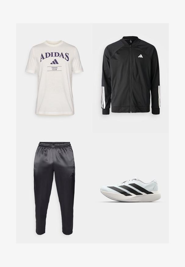Czarna kurtka sportowa z zamkiem z przodu, raglanowymi rękawami, białym logo Adidas oraz białymi paskami na rękawach. Gładki materiał z elastycznymi mankietami.; Kremowa koszulka z krótkim rękawem, z dużym purpurowym logo "ADIDAS" i napisem "TENNIS CLUB" w ciemnopurpurowym kolorze poniżej.; Czarne spodnie sportowe wykonane z gładkiego, lekkiego materiału z elastycznym paskiem w talii. Posiadają małe logo po lewej stronie oraz zwężane nogawki.; Lekkie buty do biegania w jasnoniebieskim kolorze z czarnymi pasami. Posiadają gładką cholewkę, okrągły nosek oraz grubą białą podeszwę środkową oznaczoną "LIGHTSTRIKE PRO."