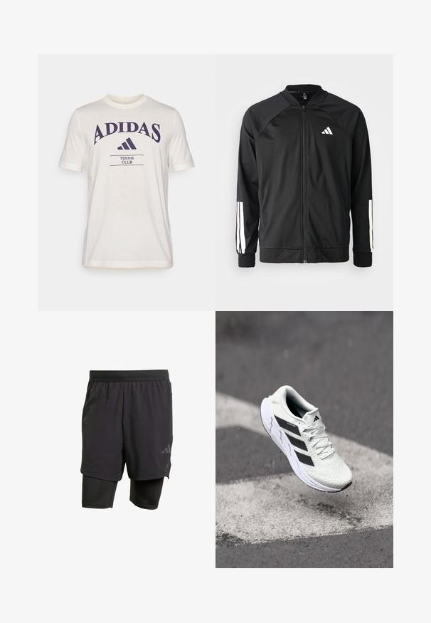 Melna sporta jaka ar priekšējo rāvējslēdzēju, raglanu piedurknēm, baltu Adidas logo un baltām svītrām uz piedurknēm. Gluda auduma sastāvs ar elastīgām aprocēm.; Kremskrāsas t-krekls ar īsām piedurknēm, uz kura redzams liels purpura "ADIDAS" logotips un tumši purpura teksts "TENNIS CLUB" zem tā.; Melni sporta šorti ar iebūvētu iekšējo slāni, izgatavoti no elpojoša auduma. Iekļautas diskrētas logotipa detalizācijas un strukturēta tekstūra. Regulējama jostasvieta.; Baltas sporta apavs ar teksturētu sietu augšu, melnām svītrām, auklu aizdari un mīkstu zoli, kas levitē virs marķētas ceļa virsmas.