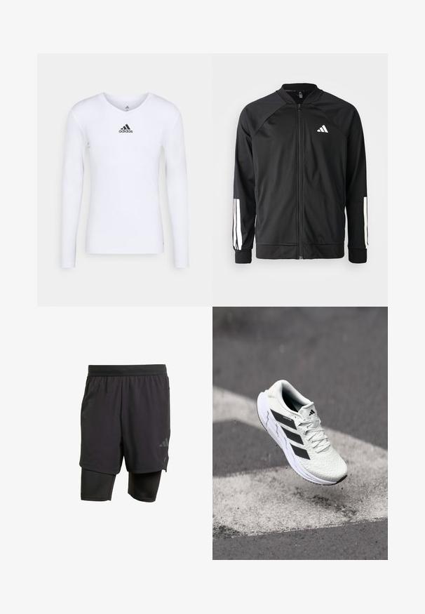 Chaqueta deportiva negra con cremallera frontal, mangas raglán, logo de Adidas en blanco y rayas blancas en las mangas. Tejido suave con puños elásticos.; Camiseta deportiva de manga larga blanca, fabricada con material suave, que presenta un logo negro de Adidas en el pecho; diseño de cuello en V y forma ajustada.; Bermudas deportivas negras con capa interior integrada, hechas de un tejido transpirable. Presentan un logo sutil y una textura estructurada. Cintura ajustable.; Zapatilla deportiva blanca con parte superior de malla texturizada, rayas negras, cierre de cordones y suela acolchada, levitando sobre una superficie de carretera marcada.