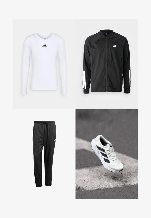 Zwarte sportjack met een rits aan de voorkant, raglanmouwen, wit Adidas-logo en witte strepen op de mouwen. Gladde stof met elastische manchetten.; Witte sportshirt met lange mouwen, gemaakt van glad materiaal, met een zwart Adidas-logo op de borst; V-halsontwerp en een getailleerde pasvorm.; Zwarte sportbroek met elastische tailleband, trekkoord, aangesloten enkels en een klein wit logo op de rechterdij.; Witte sportschoen met een textuur van mesh, zwarte strepen, vetersluiting en een gevoerde zool, zwevend boven een gemarkeerd wegoppervlak.