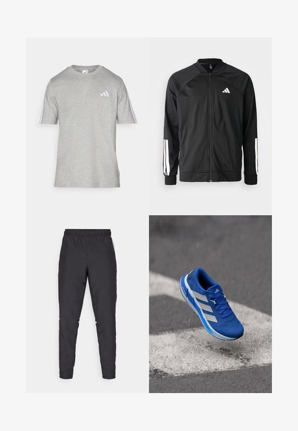 Casaco atlético preto com fecho na frente, mangas raglan, logotipo Adidas branco e riscas brancas nas mangas. Tecido suave com punhos elásticos.; T-shirt cinza de manga curta feito de uma mistura de algodão com decote em crew. Apresenta três riscas brancas em cada ombro e um pequeno logótipo.; Calças atléticas pretas com um cós elástico, pernas ajustadas e acentos brancos nas laterais. Feitas de material sintético com uma textura suave.; Sapatilha de corrida azul com parte superior em malha texturada, riscas brancas e sola com gradiente azul, exibindo um design leve no ar.