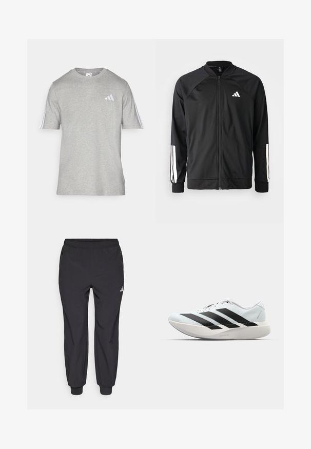 Casaco atlético preto com fecho na frente, mangas raglan, logotipo Adidas branco e riscas brancas nas mangas. Tecido suave com punhos elásticos.; T-shirt cinza de manga curta feito de uma mistura de algodão com decote em crew. Apresenta três riscas brancas em cada ombro e um pequeno logótipo.; Calças atléticas pretas com cós elástico, dois bolsos laterais com fecho de correr, tornozelos afunilados e um pequeno logotipo branco na parte superior da coxa esquerda.; Tênis de corrida leves em azul pálido com riscas pretas. Apresentam um cabedal liso, bico redondo e uma entressola espessa branca rotulada como "LIGHTSTRIKE PRO."