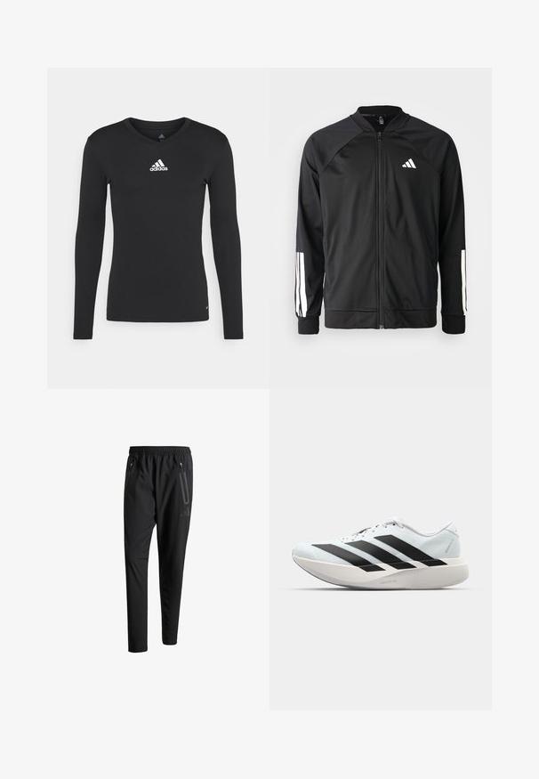 Veste de sport noire avec fermeture éclair à l'avant, manches raglan, logo Adidas blanc et bandes blanches sur les manches. Tissu lisse avec des poignets élastiques.; Chemise de sport noire à manches longues en tissu lisse, avec un col en V et un logo adidas blanc sur la poitrine.; Pantalons de sport noirs avec une taille élastique, deux poches latérales zippées, des jambes fuselées et un détail de logo subtil sur la hanche.; Baskets de course légères en bleu pâle avec des rayures noires. Elles présentent un dessus lisse, un embout rond et une semelle intermédiaire blanche épaisse étiquetée "LIGHTSTRIKE PRO".