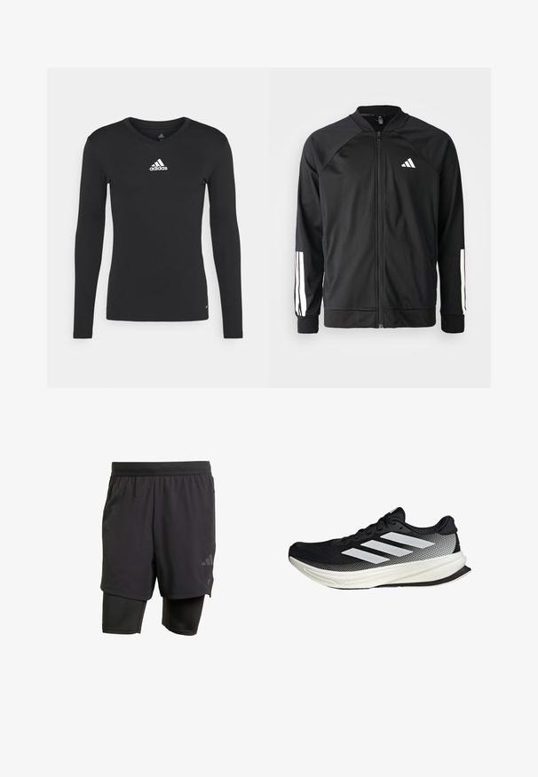 Crna sportska jakna s prednjim zatvaračem, raglan rukavima, bijelim Adidas logom i bijelim prugama na rukavima. Glatka tkanina s elastičnim manžetama.; Crna dugorukava atletska majica od glatkog materijala, s V-izrezom i bijelim adidas logotipom na prsima.; Crne atletske šortse s integriranim unutarnjim slojem, izrađene od prozračnog materijala. Sadrže suptilan logo i strukturiranu teksturu. Podesivi pojas.; Crna atletska cipela s mrežastim dizajnom, koja ima bijele pruge, zaobljeni vrh i teksturiranu potplate za prianjanje i potporu.