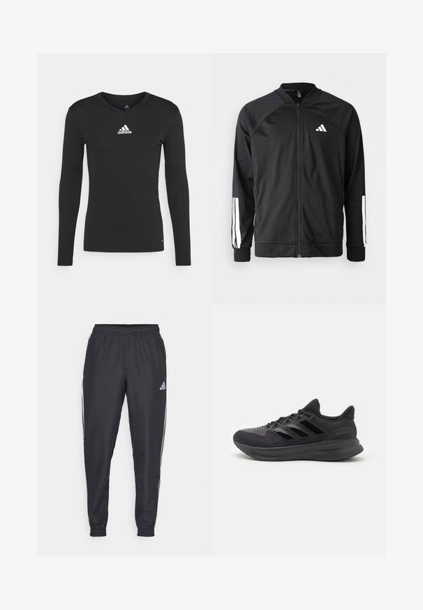 Schwarze Sportjacke mit einem Frontreißverschluss, Raglanärmeln, weißem Adidas-Logo und weißen Streifen an den Ärmeln. Glattes Gewebe mit elastischen Bündchen.; Schwarzes langärmliges Sportshirt aus glattem Stoff, mit V-Ausschnitt und einem weißen adidas-Logo auf der Brust.; Schwarze Sporthosen mit elastischem Bund, mit weißen Streifen an den Seiten und einem kleinen Logo an der Hüfte. Glatte Textur.; Schwarzer Sportschuh mit strukturiertem Obermaterial aus Stoff, Gummisohle und drei glänzenden schwarzen Streifen an der Seite. Abgerundete Zehenpartie und gepolsterte Ferse.