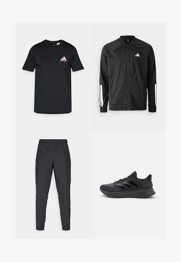 Crna sportska jakna s prednjim zatvaračem, raglan rukavima, bijelim Adidas logom i bijelim prugama na rukavima. Glatka tkanina s elastičnim manžetama.; Crna pamučna majica s kratkim rukavima, s bijelim adidas logotipom i ružičastim natpisom na lijevoj strani prsa. Glatka tekstura, jednostavan dizajn.; Crne atletske hlače s elastičnim strukom, sužavajućim nogavicama i bijelim bočnim naglascima. Izrađene od sintetičkog materijala s glatkom teksturom.; Crne atletske cipele s teksturiranim gornjim dijelom od tkanine, gumeni potplat i tri sjajne crne pruge sa strane. Zaobljeni vrh i uložak u peti.