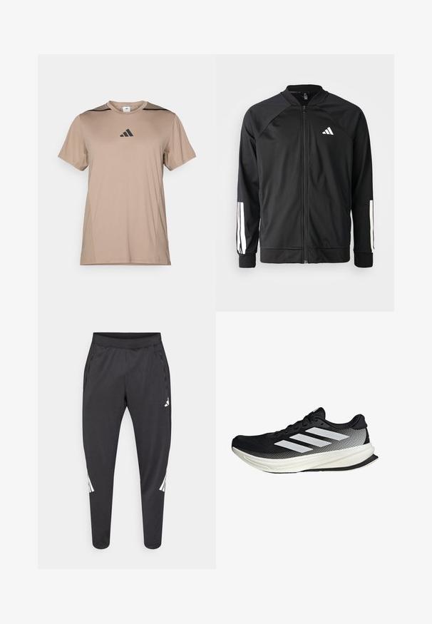 Black athletic jacket with a front zipper, raglan sleeves, white Adidas logo, and white stripes on sleeves. Smooth fabric with elastic cuffs.; Tan athletic T-shirt made of smooth fabric, featuring black accents on shoulders and a black Adidas logo centered on the chest.; Black athletic pants with tapered legs, elastic waistband, side pockets, and white logo and stripes detailing. Made from a smooth, lightweight material.; Black athletic shoe with a mesh design, featuring white stripes, a rounded toe, and a textured sole for grip and support.