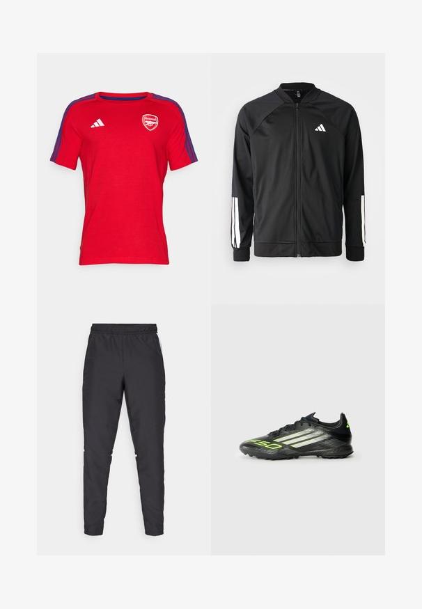 Chaqueta deportiva negra con cremallera frontal, mangas raglán, logo de Adidas en blanco y rayas blancas en las mangas. Tejido suave con puños elásticos.; Camiseta de manga corta roja hecha de tela de algodón, con un cuello redondo, franjas azules en los hombros y un logo del Arsenal en el pecho.; Pantalones deportivos negros con cintura elástica, piernas ajustadas y acentos laterales blancos. Hechos de material sintético con textura suave.; Bota de fútbol negra con superficie texturizada, con acentos en verde brillante y tres franjas blancas. Diseñada para césped con una suela de goma.