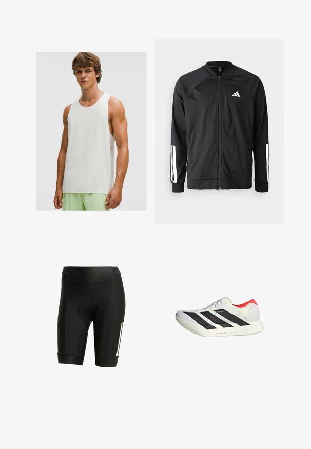Zwarte sportjack met een rits aan de voorkant, raglanmouwen, wit Adidas-logo en witte strepen op de mouwen. Gladde stof met elastische manchetten.; Jonge man in een mouwloos wit sporttop en lichte groene sportshorts, staand tegen een effen witte achtergrond.; Zwarte fietsbroek met een gepolsterde zitting, gemaakt van rekbare stof. Heeft een strak ontwerp met witte strepen en platte stiksels.; Witte sportschoen met zwarte diagonale strepen, rode accenten op de hiel en een gestructureerde bovenkant; beschikt over LIGHTSTRIKE PRO demping.