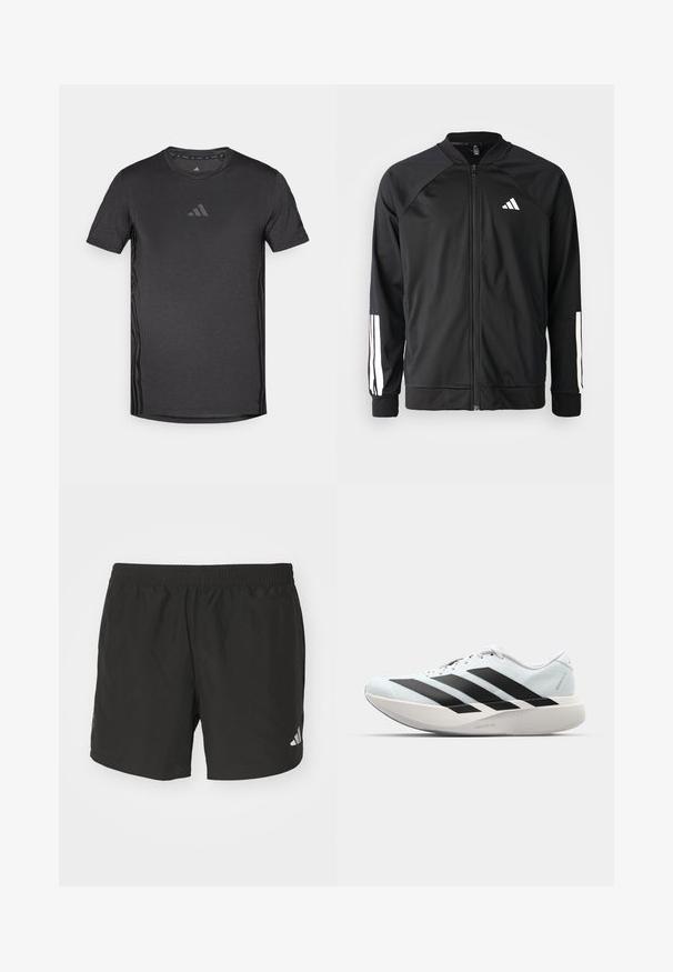 Casaco atlético preto com fecho na frente, mangas raglan, logotipo Adidas branco e riscas brancas nas mangas. Tecido suave com punhos elásticos.; T-shirt atlético preto de mangas curtas, feito de tecido respirável. Apresenta um logótipo subtil no peito e detalhes texturizados nas laterais.; Calças de desporto pretas com cintura elástica, rachas laterais e detalhes reflectores no logótipo. Feitas de um tecido leve e suave.; Tênis de corrida leves em azul pálido com riscas pretas. Apresentam um cabedal liso, bico redondo e uma entressola espessa branca rotulada como "LIGHTSTRIKE PRO."