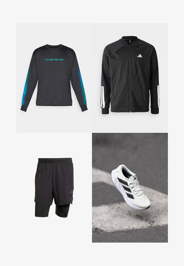 Chaqueta deportiva negra con cremallera frontal, mangas raglán, logo de Adidas en blanco y rayas blancas en las mangas. Tejido suave con puños elásticos.; Camisa negra de manga larga con "SIGUE LA LÍNEA" en turquesa. Presenta acentos en degradado azul en las mangas y un diseño de cuello redondo.; Bermudas deportivas negras con capa interior integrada, hechas de un tejido transpirable. Presentan un logo sutil y una textura estructurada. Cintura ajustable.; Zapatilla deportiva blanca con parte superior de malla texturizada, rayas negras, cierre de cordones y suela acolchada, levitando sobre una superficie de carretera marcada.