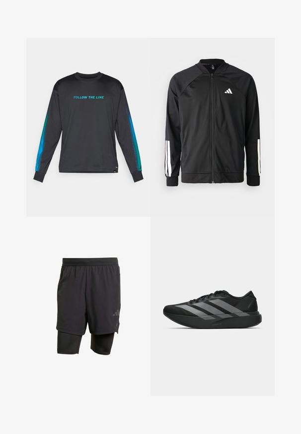Zwarte sportjack met een rits aan de voorkant, raglanmouwen, wit Adidas-logo en witte strepen op de mouwen. Gladde stof met elastische manchetten.; Zwart shirt met lange mouwen met de tekst "FOLLOW THE LINE" in turquoise. Bevat blauwe gradient accenten op de mouwen en een ronde hals.; Zwarte sportshorts met geïntegreerde binnenlaag, gemaakt van ademend materiaal. Bevat een subtiele logo en gestructureerde textuur. Verstelbare tailleband.; Zwarte sportieve schoenen met een lichtgewicht ontwerp, voorzien van drie opvallende grijze strepen, een gladde textuur en een gevormde zool.