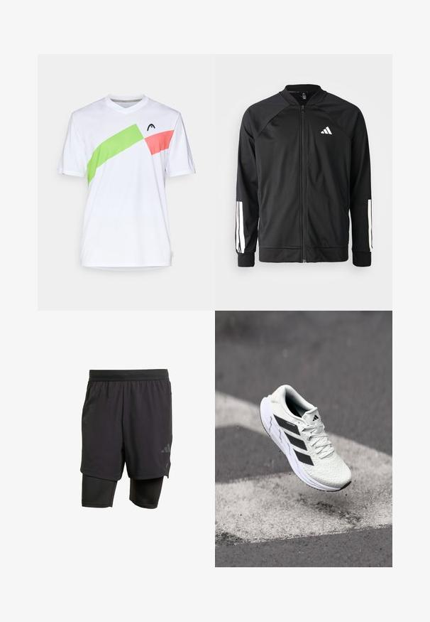 Čierna športová bunda s predným zipsom, raglánovými rukávmi, bielym logom Adidas a bielymi pruhmi na rukávoch. Hladká tkanina s elastickými manžetami.; Biela športová košeľa s výstrihom do V, s diagonálnymi akcentmi v zelenej a ružovej farbe. Vyrobená z ľahkej, priedušnej tkaniny.; Čierne športové šortky s integrovanou vnútornou vrstvou, vyrobené z priedušného materiálu. Disponujú nenápadným logom a štruktúrovanou textúrou. Nastaviteľný pás.; Biele športové tenisky s textúrovaným sieťovaným zvrškom, čiernymi pruhmi, šnurovaním a polstrovanou podrážkou, levitujúce nad označeným povrchom cesty.