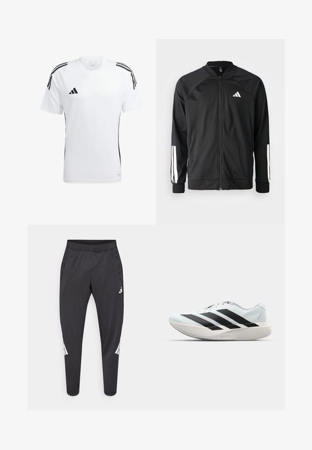 Črna atletska jakna z zadrgo spredaj, raglan rokavi, belo Adidas logo in bele črte na rokavih. Gladek material z elastičnimi manšetami.; Bela atletska majica s kratkimi rokavi, z dvema črnima stranskima črtama in logotipom Adidas na prsih. Narejena iz lahkotnega materiala, ki odvaja vlago.; Črne športne hlače z zoženimi hlačnicami, elastnim pasom, stranskimi žepi ter belim logotipom in črtami. Narejene iz gladkega, lahkega materiala.; Lahki tekaški čevlji v svetlo modri barvi z belimi črtami. Imajo gladek zgornji del, okroglo kapico in debel bel srednji podplat z označbo "LIGHTSTRIKE PRO."