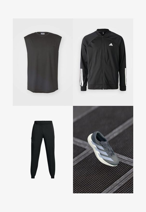 Schwarze Sportjacke mit einem Frontreißverschluss, Raglanärmeln, weißem Adidas-Logo und weißen Streifen an den Ärmeln. Glattes Gewebe mit elastischen Bündchen.; ICANIWILL STRIDE SLEEVELESS MEN - Top - graphite; Schwarze Sporthose mit elastischem Bund, tailliertem Bein-Design, seitlichen Taschen und kontrastierenden Paneeldetails. Leichter, glatter Stoff.; Sportsschuh in Grau und Weiß, aus synthetischem Material gefertigt, mit einem schlanken Design, strukturiertem Finish und ausgeprägtem Schnürsystem.