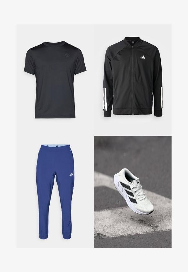 Jachetă sport neagră, cu fermoar frontal, mâneci raglan, logo Adidas alb și dungi albe pe mâneci. Material neted, cu manșete elastice.; Tricou negru cu mânecă scurtă și decolteu rotund, confecționat dintr-un material neted, având un logo discret pe piept și marginile cusute curat.; adidas Performance TECH APP - Pantaloni de trening - dark blue/glow blue; Adidași albi cu partea superioară din plasă texturată, dungi negre, închidere cu șireturi și talpă căptușită, levitând deasupra unei suprafețe de drum marcate.