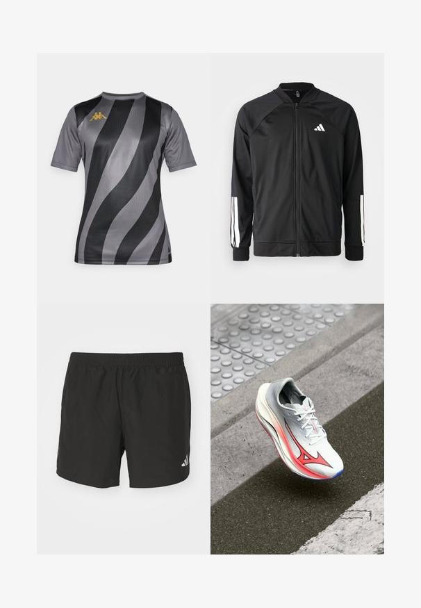 Casaco atlético preto com fecho na frente, mangas raglan, logotipo Adidas branco e riscas brancas nas mangas. Tecido suave com punhos elásticos.; Camisa atlética de mangas curtas em cinza com riscas bold pretas e cinzas mais claras. Apresenta um logotipo dourado no peito esquerdo. Textura suave.; Calças de desporto pretas com cintura elástica, rachas laterais e detalhes reflectores no logótipo. Feitas de um tecido leve e suave.; Sapatilha de corrida com um cabedal cinza e branco, detalhes em rosa e um design elegante. Apresenta uma sola texturizada e um sistema de atacadores para um ajuste seguro.