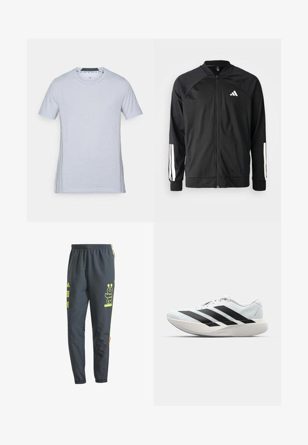 Crna sportska jakna s prednjim zatvaračem, raglan rukavima, bijelim Adidas logom i bijelim prugama na rukavima. Glatka tkanina s elastičnim manžetama.; Svijetlosivi atletski majica kratkih rukava, s okruglim izrezom i suptilnim logotipom sprijeda. Mekani materijal, glatka tekstura i bočne akcentne detalje.; Tamno sive trening hlače izrađene od laganog materijala. Sadrže neonsko žute oznake i detalje. Elastičan pojas i dizajn uskih nogavica.; Lagane tenisice za trčanje u svijetloplavoj boji s crnim trakama. Imaju glatku gornju površinu, okrugli vrh i debeli bijeli srednji sloj označen "LIGHTSTRIKE PRO."