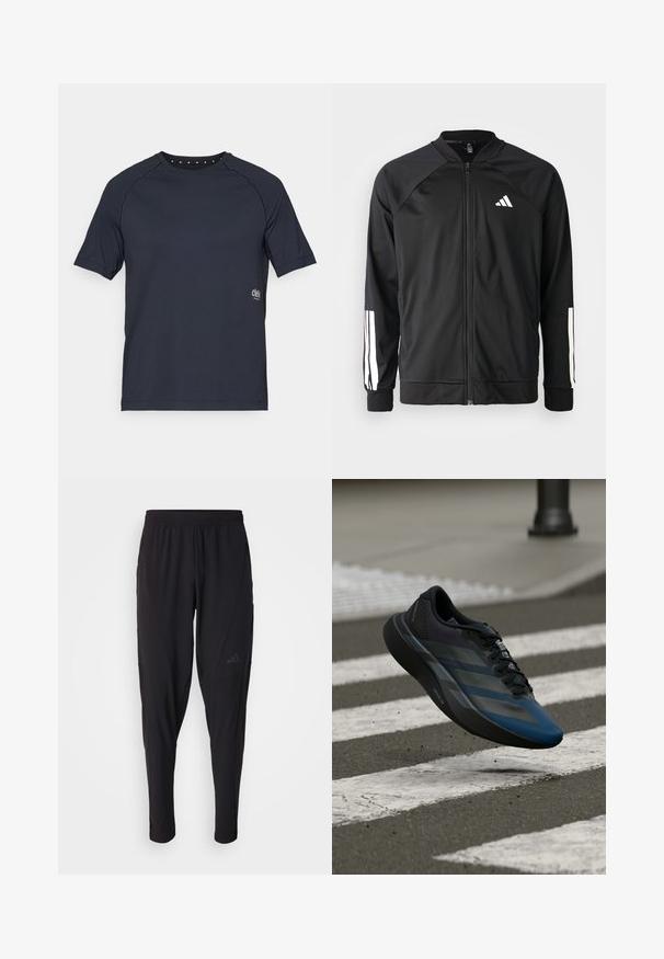 Melna sporta jaka ar priekšējo rāvējslēdzēju, raglanu piedurknēm, baltu Adidas logo un baltām svītrām uz piedurknēm. Gluda auduma sastāvs ar elastīgām aprocēm.; Tumši jūras zila īsām piedurknēm T-krekls, izgatavots no viegla auduma, ar apaļu kakla izgriezumu, kas aizmugurē rotāts ar mazām acs detaļām un ar logotipu priekšpusē.; Melni sporta bikses ar elastīgu jostasvietu, sašaurinātu dizainu, sānu kabatām un smalku logo akcentu. Izgatavotas no elastīga, elpojoša auduma.; Melns un zils sporta apavu ar aerodinamisku dizainu, tam ir teksturēta virsma, kontrastējošas svītras un amortizējoša zolīte, kas peld virs ietves.