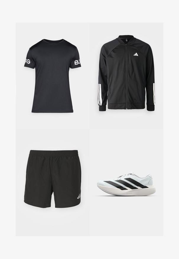 Casaco atlético preto com fecho na frente, mangas raglan, logotipo Adidas branco e riscas brancas nas mangas. Tecido suave com punhos elásticos.; T-shirt preta de manga curta, feita de tecido suave. Apresenta um decote redondo e o texto branco "BORG" na manga esquerda. Design simples e ajustado.; Calças de desporto pretas com cintura elástica, rachas laterais e detalhes reflectores no logótipo. Feitas de um tecido leve e suave.; Tênis de corrida leves em azul pálido com riscas pretas. Apresentam um cabedal liso, bico redondo e uma entressola espessa branca rotulada como "LIGHTSTRIKE PRO."