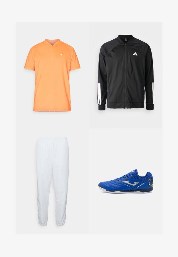 Black athletic jacket with a front zipper, raglan sleeves, white Adidas logo, and white stripes on sleeves. Smooth fabric with elastic cuffs.; Short-sleeve, orange polo shirt with a stand-up collar and a half-zip front. Features a small white logo on the left chest. Smooth texture.; White, lightweight, elastic waist pants with tapered legs and elastic cuffs. Smooth texture, no visible patterns or hardware.; Blue athletic shoes with a breathable mesh upper, textured synthetic overlays, silver accents, and a white rubber sole.