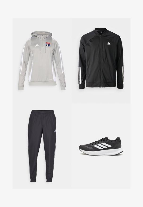 Črna atletska jakna z zadrgo spredaj, raglan rokavi, belo Adidas logo in bele črte na rokavih. Gladek material z elastičnimi manšetami.; Siva atletska kapuca z belimi stranskimi paneli in tremi belimi črtami na rokavih. Ima sprednji zadrgo, kapuco z vrvico in izvezen logotip.; Črne športne hlače z elastičnim pasom, z belimi črtami ob straneh in majhnim logotipom na bokih. Gladka tekstura.; Črne športne čevlje z zračnim mrežastim zgornjim delom, belimi akcenti in oblazinjeno podplatom. Imajo tri črte logo na strani.