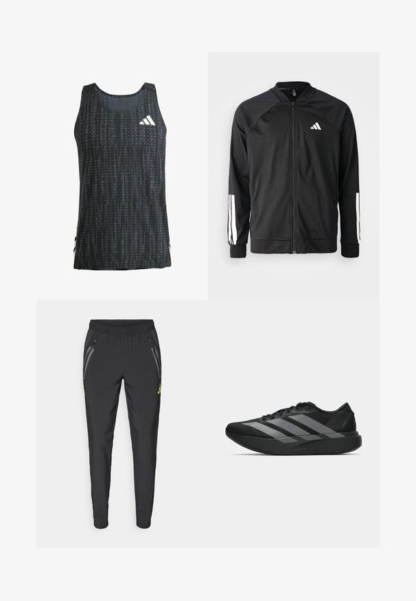 Chaqueta deportiva negra con cremallera frontal, mangas raglán, logo de Adidas en blanco y rayas blancas en las mangas. Tejido suave con puños elásticos.; Camiseta atlética negra sin mangas con un patrón texturizado y acentos de logo en blanco. Tela ligera con un ajuste holgado.; adidas Performance REAL MADRID TIRO25 PRO VIS TECH TRAVEL PANT - Equipación de clubes - black/lucid lemon; Zapatillas deportivas negras con un diseño ligero, que presentan tres franjas grises prominentes, una textura suave y una suela contorneada.