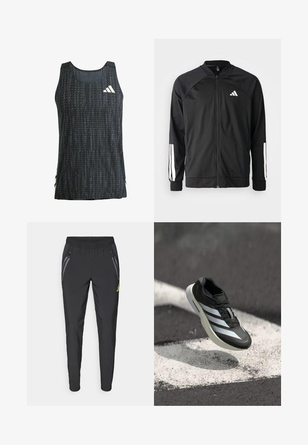 Giacca atletica nera con zip frontale, maniche raglan, logo Adidas bianco e strisce bianche sulle maniche. Tessuto liscio con polsini elasticizzati.; Canotta sportiva nera con un motivo testurizzato, design senza maniche e accenti del logo bianco. Tessuto leggero con una vestibilità ampia.; adidas Performance REAL MADRID TIRO25 PRO VIS TECH TRAVEL PANT - Squadra - black/lucid lemon; Scarpa da atleta nera con tre strisce bianche, parte superiore texturizzata, design elegante e suola curva, posizionata sopra una linea bianca sull'asfalto.