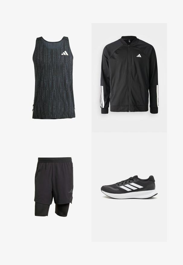 Mustar mustreeritud spordijakk, millel on ees lukuga taskud, raglanvarrukad, valge Adidas logo ja valged triibud varrukatel. Sile kangas elastsete mansettidega.; Must mustriks sporditop, millel on tekstureeritud muster, ilma varrukateta disain ja valged logoaktsendid. Kerge kangas ja vaba lõige.; Mustavad sportlikud lühikesed püksid integreeritud sisekihiga, valmistatud hingavast kangast. Omab diskreetset logo ja struktureeritud tekstuuri. Reguleeritav vöökoht.; Mustmust valmistatud õhulise võrgu ülemise osa, valgete aktsentidega ja pehme tallaga must sportlik king. Küljel on kolm triipu kujutav logo.