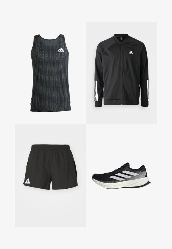 Giacca atletica nera con zip frontale, maniche raglan, logo Adidas bianco e strisce bianche sulle maniche. Tessuto liscio con polsini elasticizzati.; Canotta sportiva nera con un motivo testurizzato, design senza maniche e accenti del logo bianco. Tessuto leggero con una vestibilità ampia.; Pantaloni sportivi neri realizzati in materiale leggero, con una vita elasticizzata, tasche laterali e un logo Adidas bianco sulla gamba sinistra.; Scarpa sportiva nera con design in rete, caratterizzata da strisce bianche, punta arrotondata e suola testurizzata per aderenza e supporto.