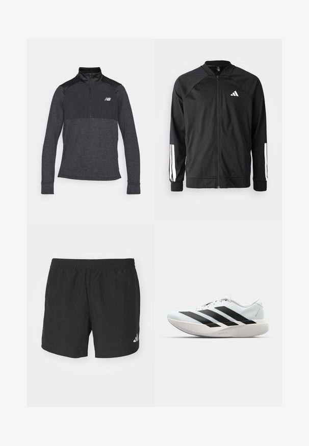Casaco atlético preto com fecho na frente, mangas raglan, logotipo Adidas branco e riscas brancas nas mangas. Tecido suave com punhos elásticos.; Top desportivo preto de manga longa com colarinho de fecho de um quarto, apresentando um tecido texturizado e um pequeno logótipo no lado esquerdo do peito.; Calças de desporto pretas com cintura elástica, rachas laterais e detalhes reflectores no logótipo. Feitas de um tecido leve e suave.; Tênis de corrida leves em azul pálido com riscas pretas. Apresentam um cabedal liso, bico redondo e uma entressola espessa branca rotulada como "LIGHTSTRIKE PRO."