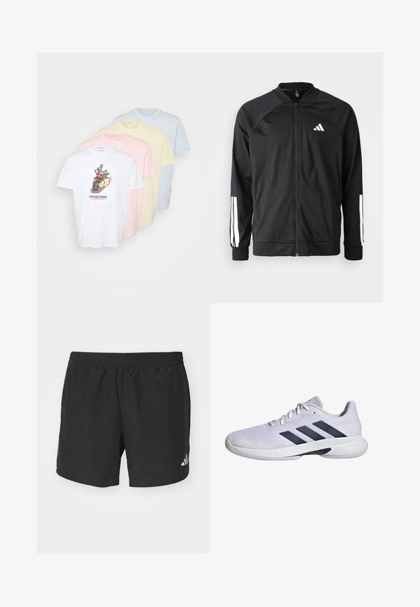 Schwarze Sportjacke mit einem Frontreißverschluss, Raglanärmeln, weißem Adidas-Logo und weißen Streifen an den Ärmeln. Glattes Gewebe mit elastischen Bündchen.; Viererpack Baumwoll-T-Shirts in Weiß, Pink, Gelb und Hellblau. Das weiße Shirt hat einen grafischen Druck. Klassisches Rundhalsausschnitt-Design.; Schwarze Sportshorts mit einem elastischen Taillenbund, seitlichen Schlitzen und reflektierenden Logoakzenten. Hergestellt aus leichtem, glattem Material.; Weißer Sportschuh mit atmungsaktivem Mesh-Obermaterial, navyblauem Drei-Streifen-Design, strukturiertem Sohlen und runder Spitze für zusätzliche Stabilität.