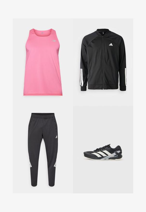 Juodas sportinis džemperis su priekiniais užtrauktukais, raglano stiliaus rankovėmis, balta Adidas logotipu ir baltais juostelėmis ant rankovių. Lygus audinys su elastingomis rankovėmis.; Rožinė sportinė liemenė, pagaminta iš lengvos medžiagos. Pasižymi apvaliu kaklu, o viršutiniame kairiajame kampe yra pilkos spalvos "New Balance" logotipas.; Juodos sportinės kelnės su siaurėjančiomis kojų apačiomis, elastine juosmens juosta, šoninėmis kišenėmis bei baltu logotipu ir dryžiais. Pagamintos iš glotnios, lengvos medžiagos.; Juoda sportinė avalynė su baltais dryžiais, tinklinis viršus, apvalus pirštas ir paminkštinta padais. Yra tekstūruota kulno dalis ir saugi raištelių sistema.