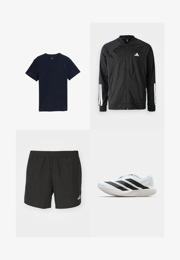 Jachetă sport neagră, cu fermoar frontal, mâneci raglan, logo Adidas alb și dungi albe pe mâneci. Material neted, cu manșete elastice.; Tricou din bumbac bleumarin, mâneci scurte, guler rotund, textură netedă, design simplu, fără modele sau accente, tiv drept.; Pantaloni scurți sport negri cu talie elastică, fante laterale și accente cu logo reflectorizant. Confectionați dintr-un material ușor, neted.; Pantofi de alergare ușori în albastru deschis cu dungi negre. Au un superior neted, vârf rotund și o intermediară groasă albă etichetată "LIGHTSTRIKE PRO."