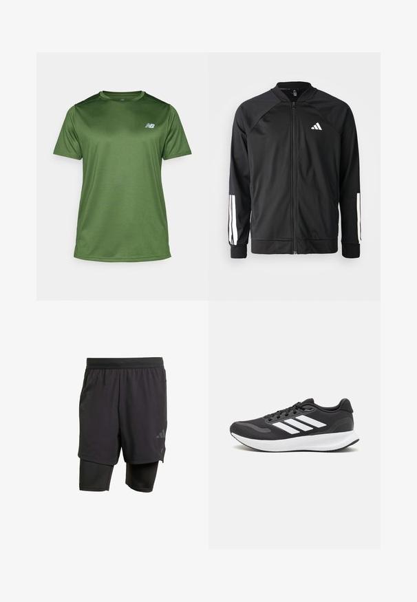 Svart treningsjakke med frontglidelås, raglanermer, hvit Adidas-logo og hvite striper på ermene. Glatt stoff med elastiske mansjetter.; New Balance T-skjorte til trening - dark alpine green; Svarte sportshorts med integrert indre lag, laget av pustende stoff. Har subtilt logo og strukturert tekstur. Justerbar midje.; Svarte sportsko med pustende mesh-overdel, hvite detaljer og en polstret såle. Har tre striper-logo på siden.
