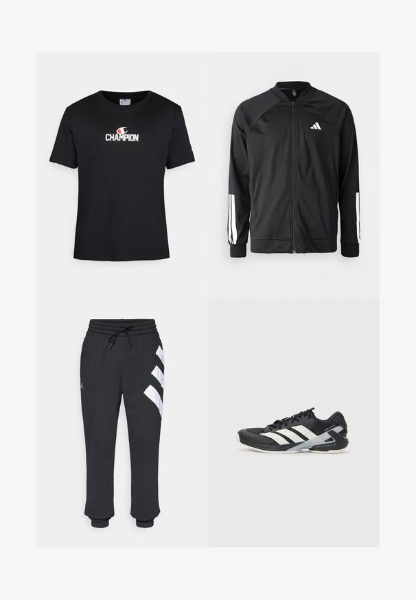 Musta urheilujakku, jossa on vetoketju edessä, raglan-hihat, valkoinen Adidas-logo ja valkoiset raidat hihoissa. Sujuva kangas ja joustavat hihansuut.; Mustat puuvillapaidat, joissa on valkoinen "CHAMPION"-logo punaisella yksityiskohdalla, pyöreä kaula-aukko, lyhyet hihat ja suora helma.; Mustat jumperit, joissa on joustava vyötärö, nauha, ja valkoiset vinoraitat vasemmassa jalassa, nilkkojen kohdalla kootut.; Mustat urheilukengät valkoisilla raidoilla, verkkomateriaalia ylhäällä, pyöristetty kärki ja pehmustettu pohja. Varustettu teksturoidulla kantapäällä ja turvallisella nauhoitusjärjestelmällä.